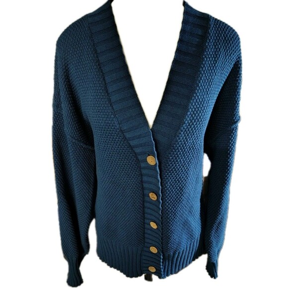 Caracilia Women's Sweater V Neck Size L Button Blue 100% Rayon Knit Long Sleeve - Picture 1 of 7